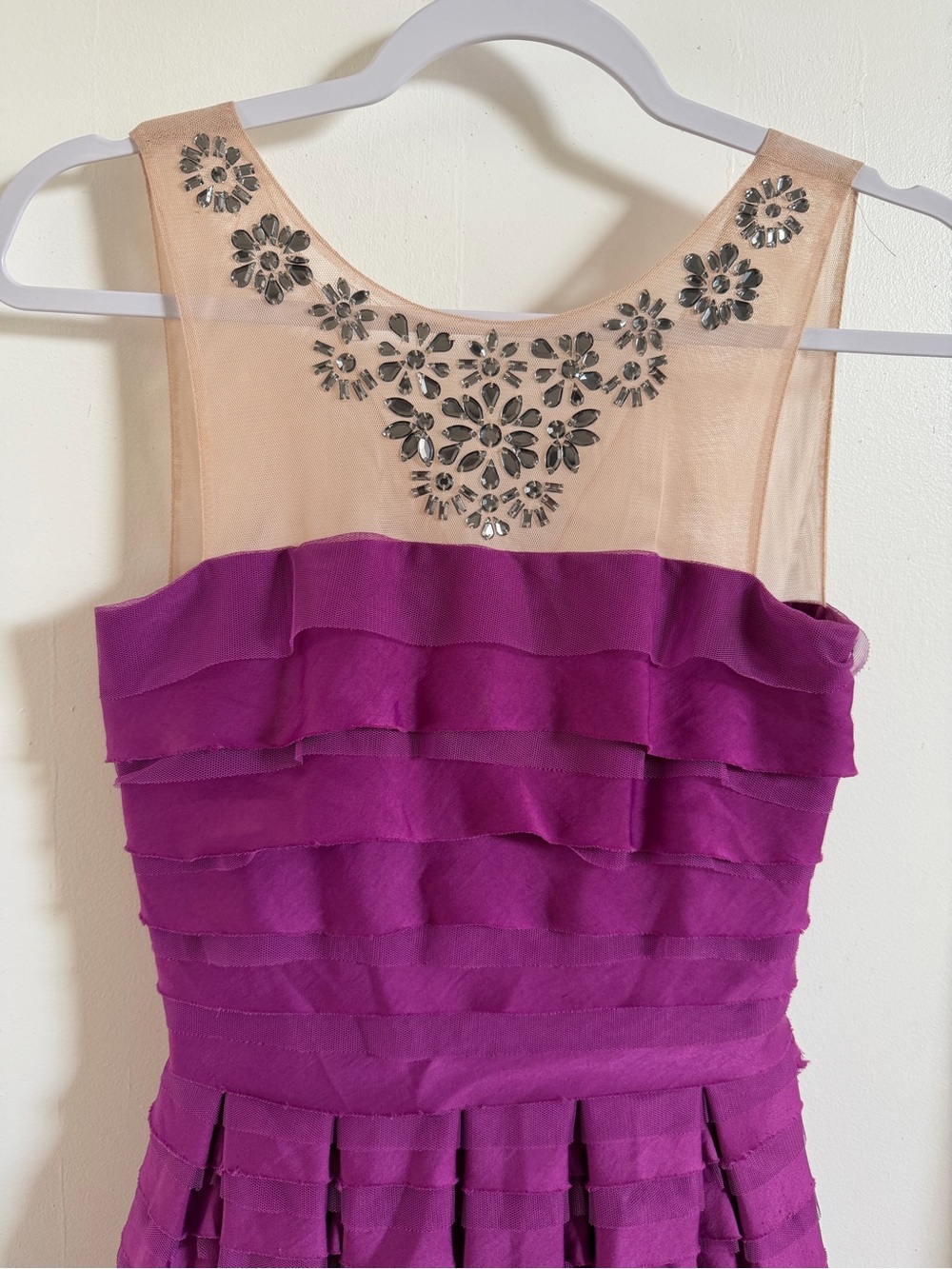 BCBGMAXAZRIA Purple Ruffle Jeweled Illusion Dress XXS